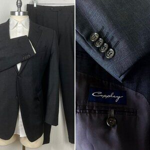 Coppley Made To Measure Gray & Blue Windowpane Plaid Suit 43L 44L - Pants 39x30